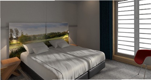Artist Impression van de slaapkamer van de gastenlodges die bij golfbaan Drentsche Golf & Country Club worden gebouwd.